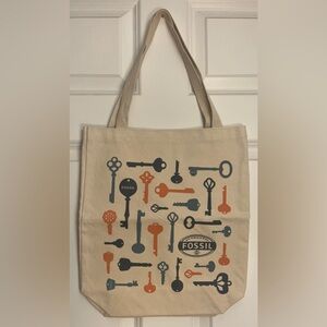 Fossil Beige Canvas Tote with Navy & Orange Key Print